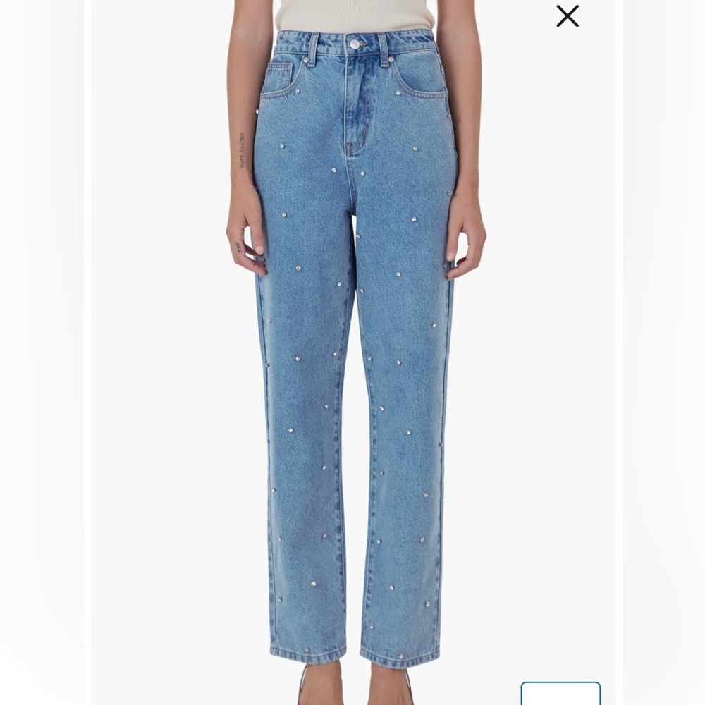 Crystal Embellished High Waist Rigid Straight Leg Jeans